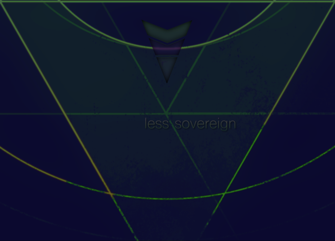 Less Sovereign album cover — deep indigo field with green geometric arcs converging on an inverted crown